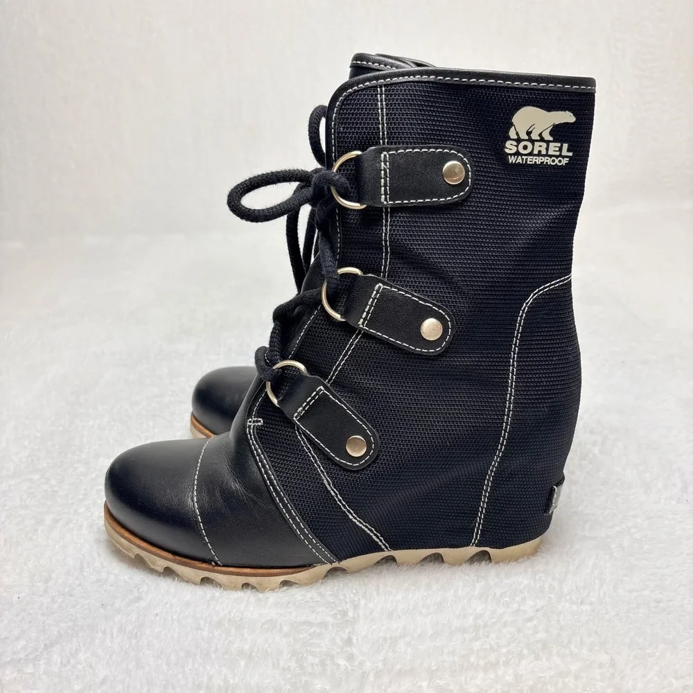 Sorel Joan of Arctic Mid Wedge Celebration Black Waterproof Boots Sz 8 Utility